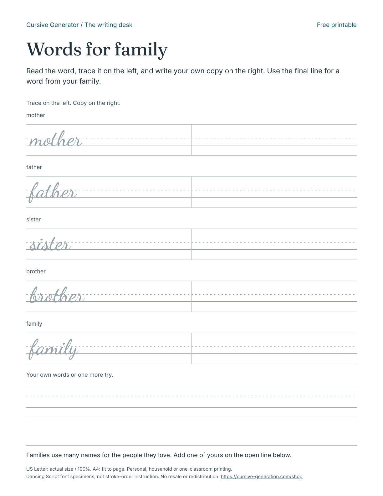 Printable page from Words for family - Free Printable