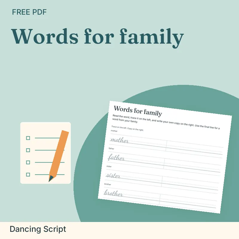 Words for family, Dancing Script: illustrated preview with actual page excerpt