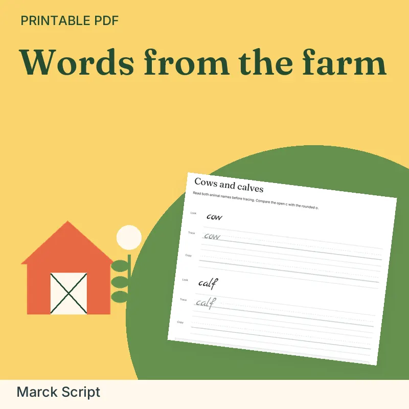 Farm Animals Cursive Practice Pack, Marck Script: illustrated preview with actual page excerpt