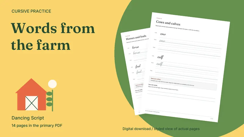 Farm Animals Cursive Practice Pack: styled actual-page preview