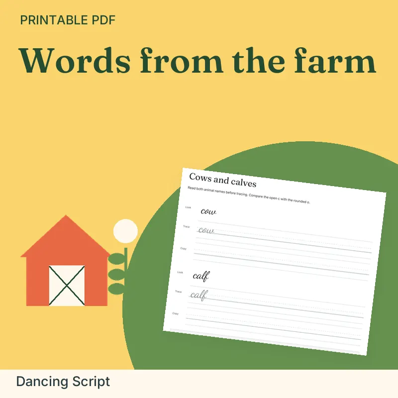 Farm Animals Cursive Practice Pack, Dancing Script: illustrated preview with actual page excerpt