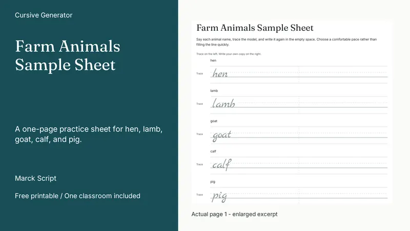 Farm Animals Sample Sheet: actual page excerpt