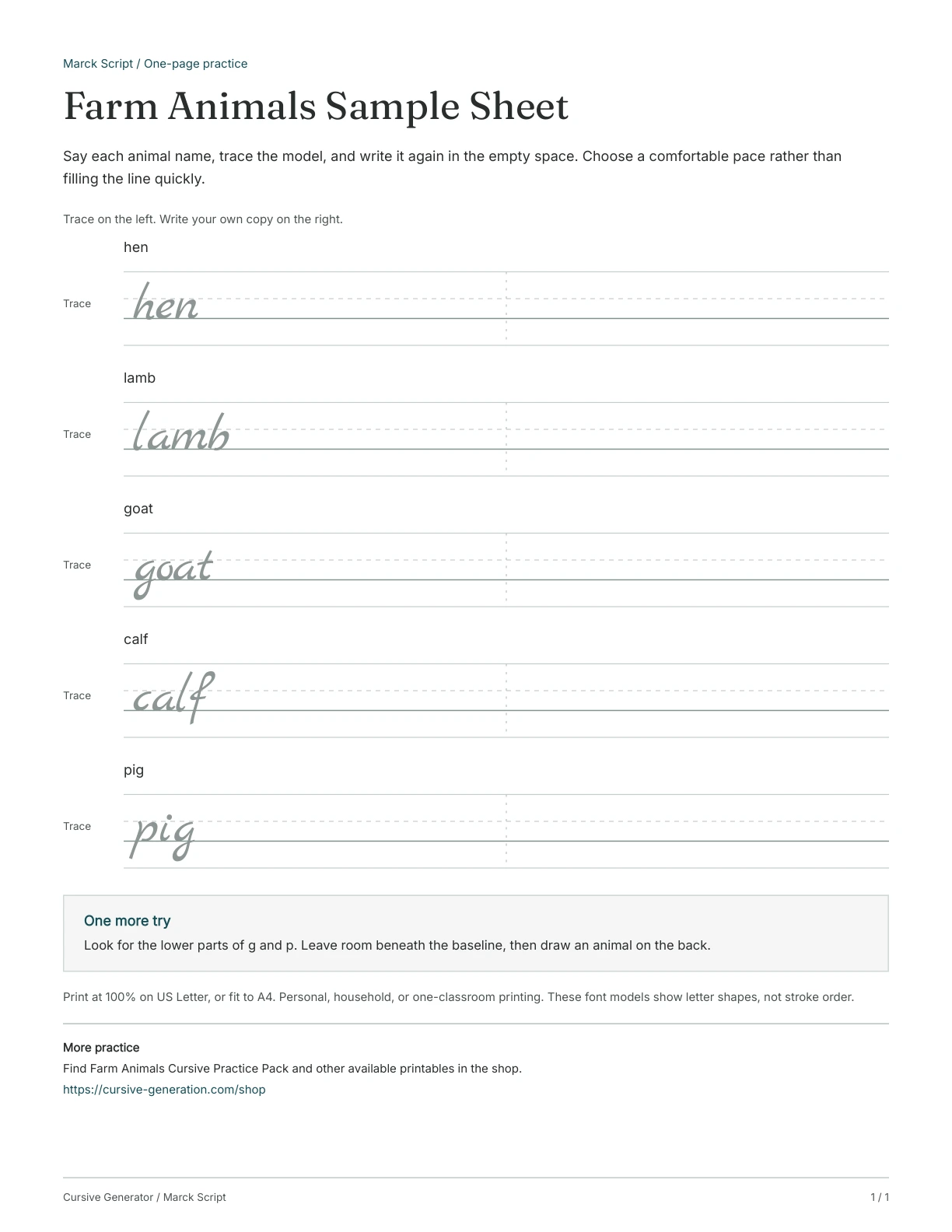 Page 1: Farm Animals Sample Sheet