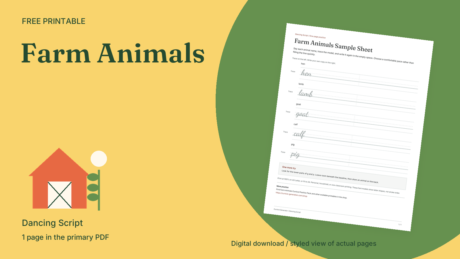 Farm Animals Sample Sheet - Free Dancing Script PDF | Cursive Generator