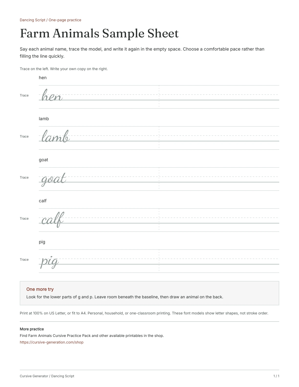 Page 1: Farm Animals Sample Sheet