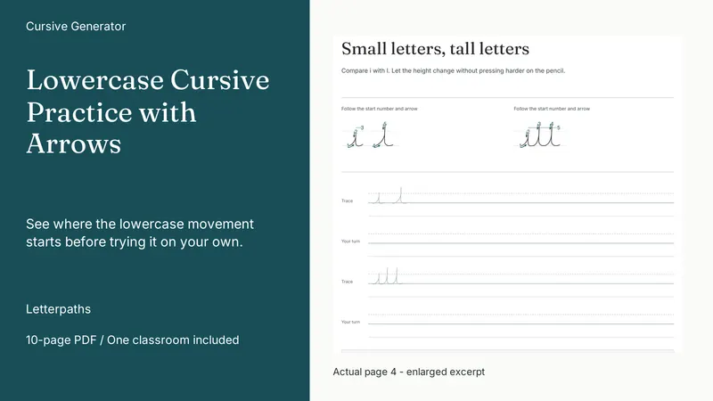 Lowercase Cursive Practice with Arrows: actual page excerpt