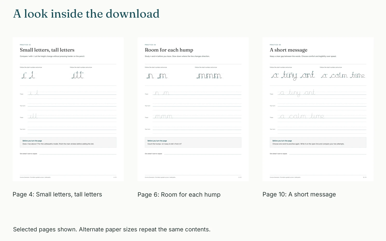 Selected pages and their actual page numbers
