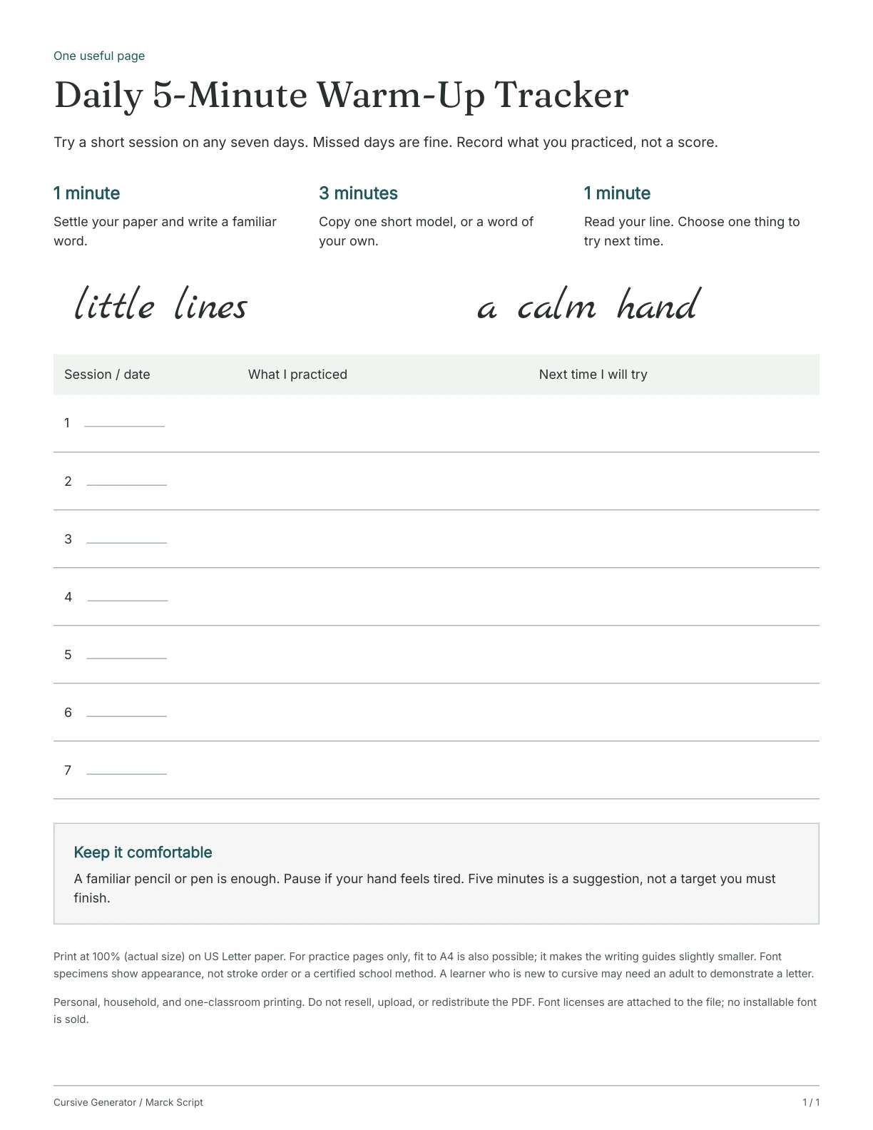 Page 1: Daily 5-Minute Warm-Up Tracker