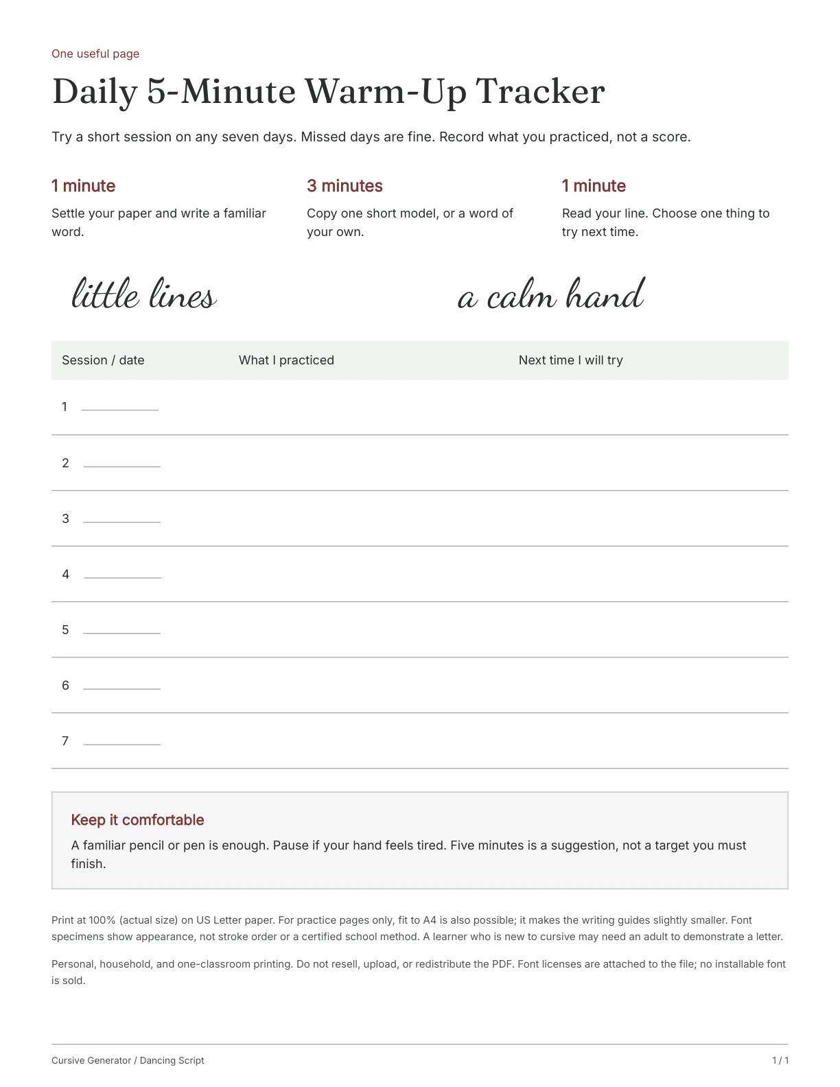 Page 1: Daily 5-Minute Warm-Up Tracker
