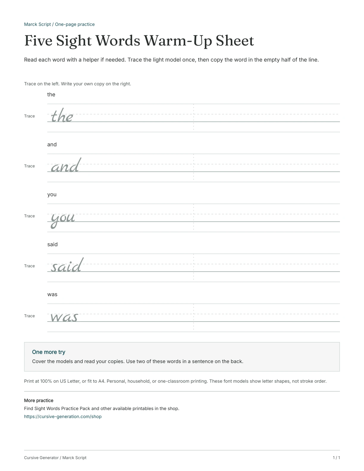 Page 1: Five Sight Words Warm-Up Sheet