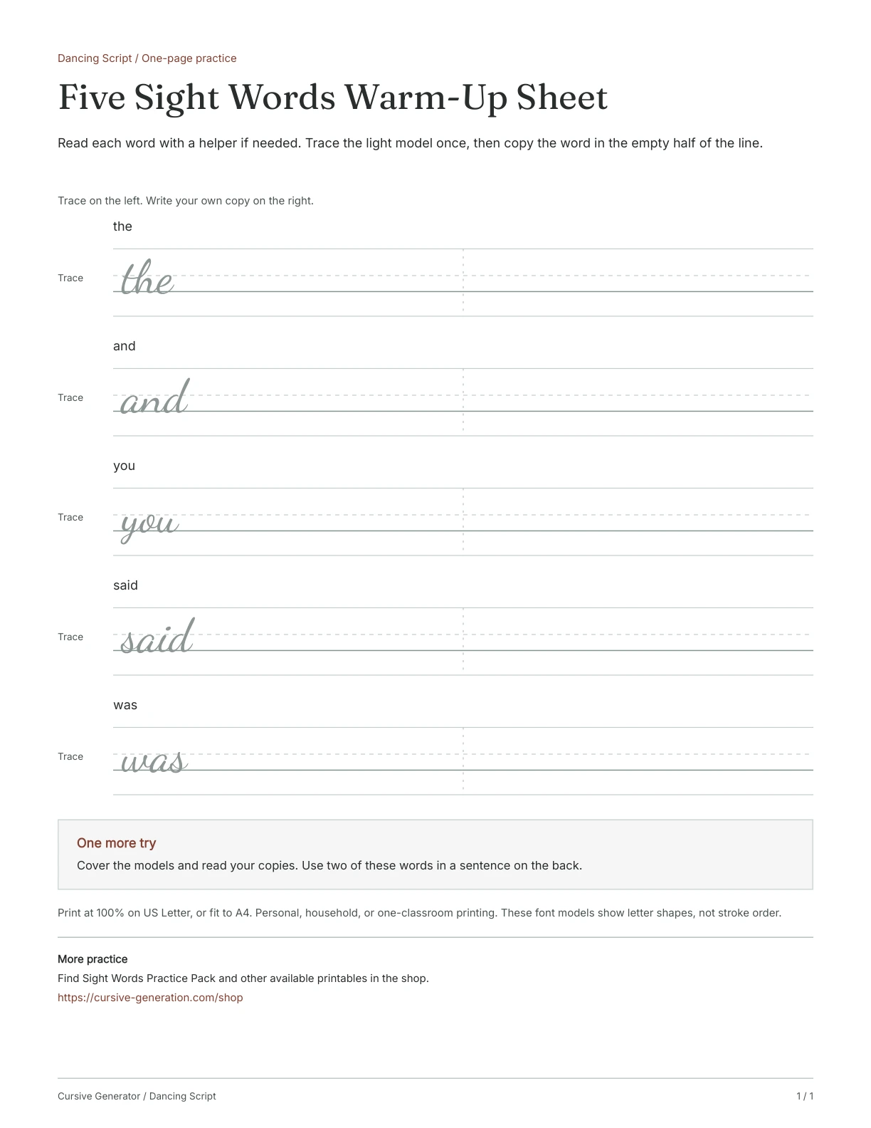 Page 1: Five Sight Words Warm-Up Sheet