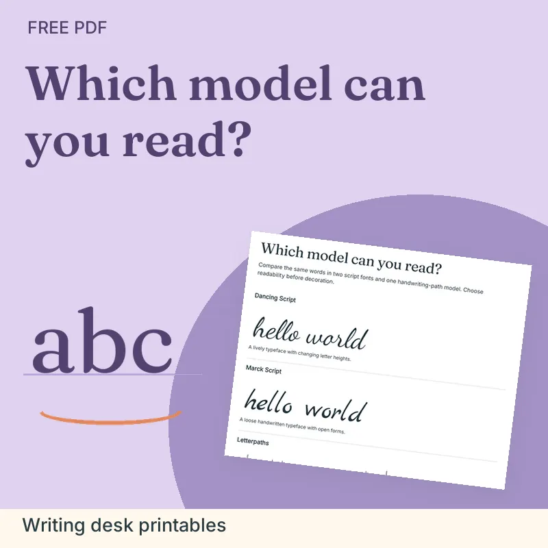 Which model can you read?, Writing desk printables: illustrated preview with actual page excerpt