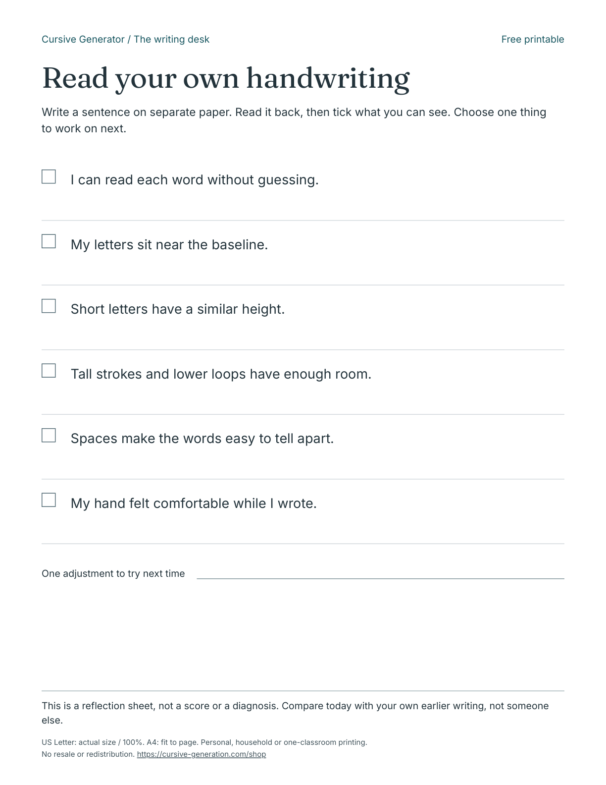 Read your own handwriting - Free Printable: actual PDF cover
