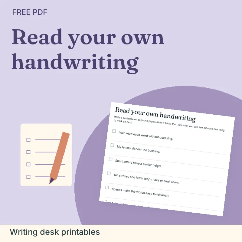 Read your own handwriting, Writing desk printables: illustrated preview with actual page excerpt