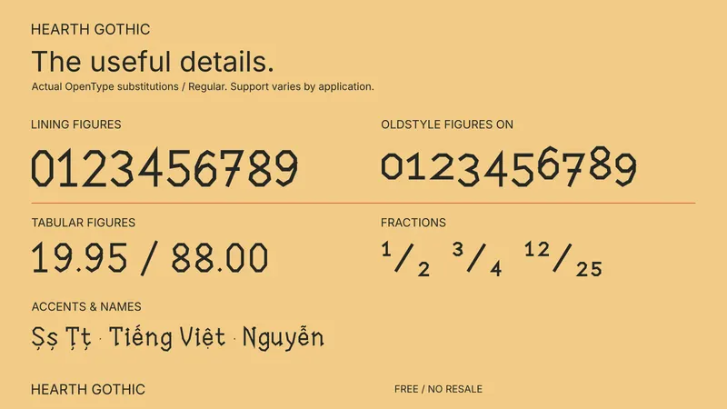 Hearth Gothic: examples of included font features