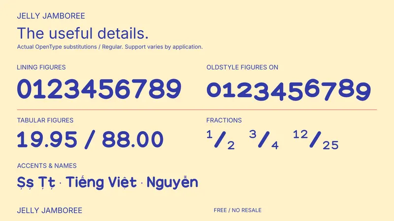 Jelly Jamboree: examples of included font features