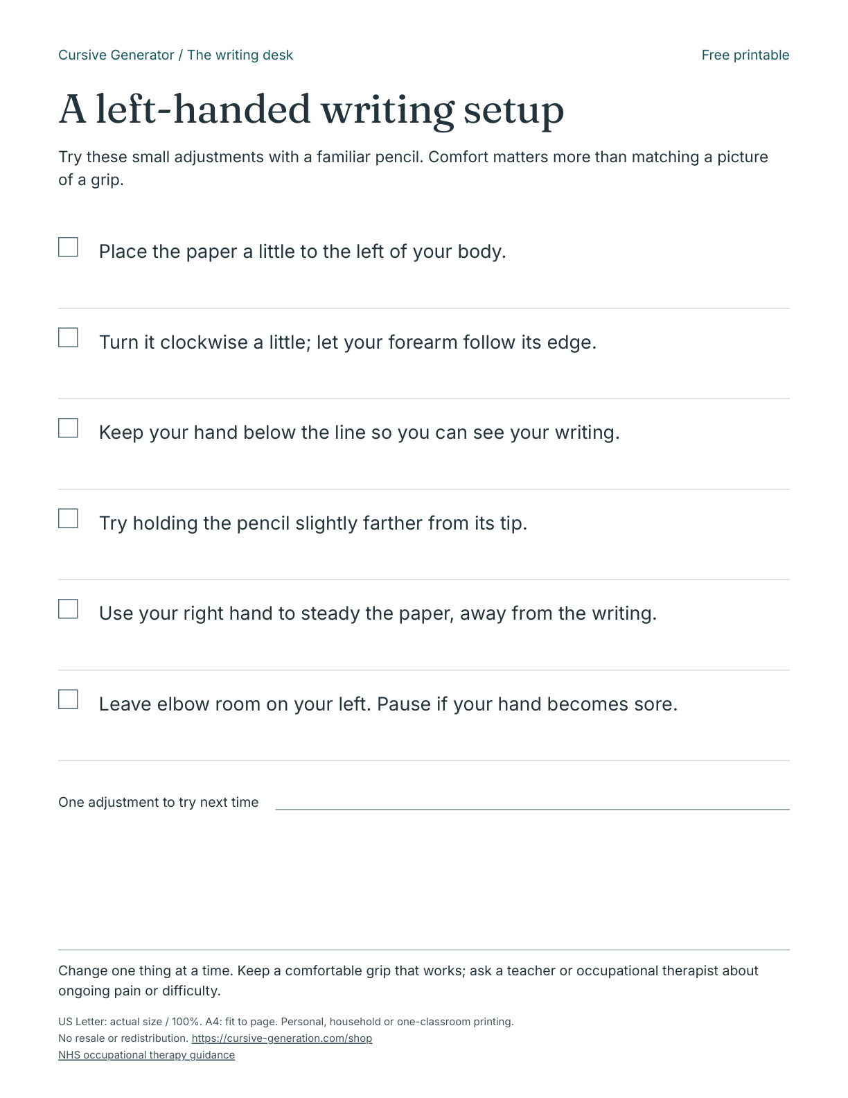A left-handed writing setup - Free Printable: actual PDF cover