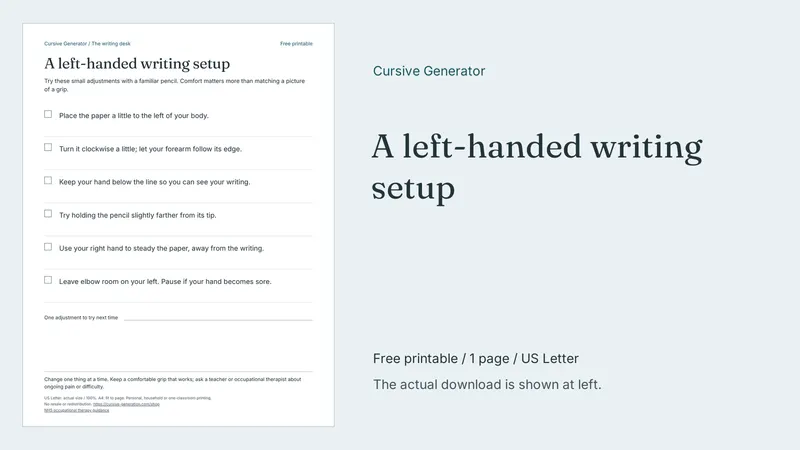 A left-handed writing setup - Free Printable: printable page preview