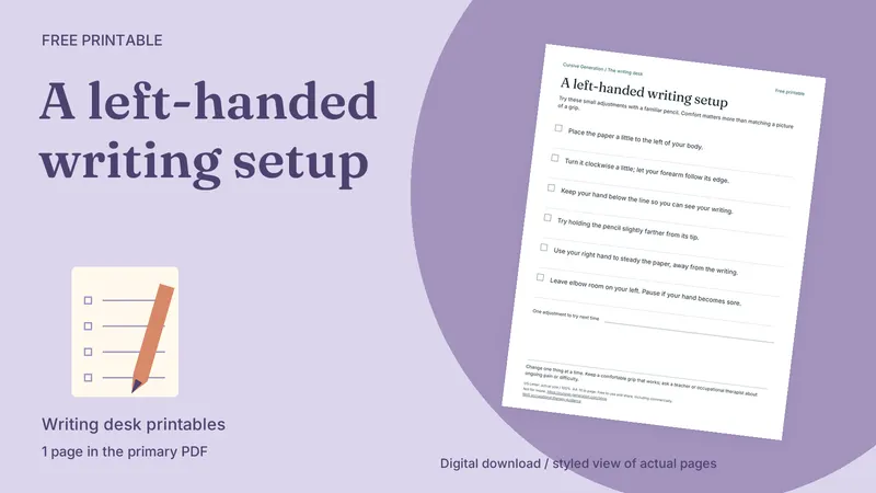 A left-handed writing setup: styled actual-page preview