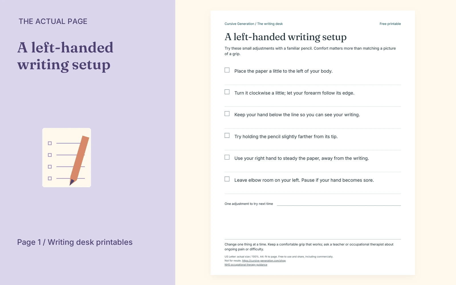 Complete actual page 1: A left-handed writing setup