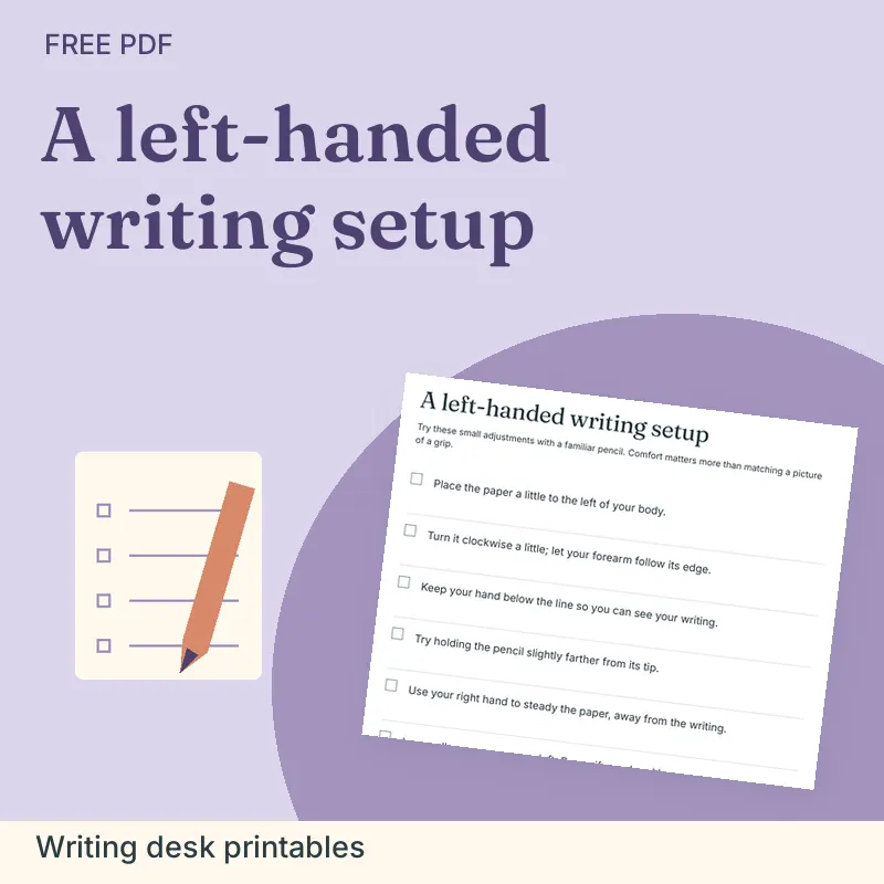 A left-handed writing setup, Writing desk printables: illustrated preview with actual page excerpt