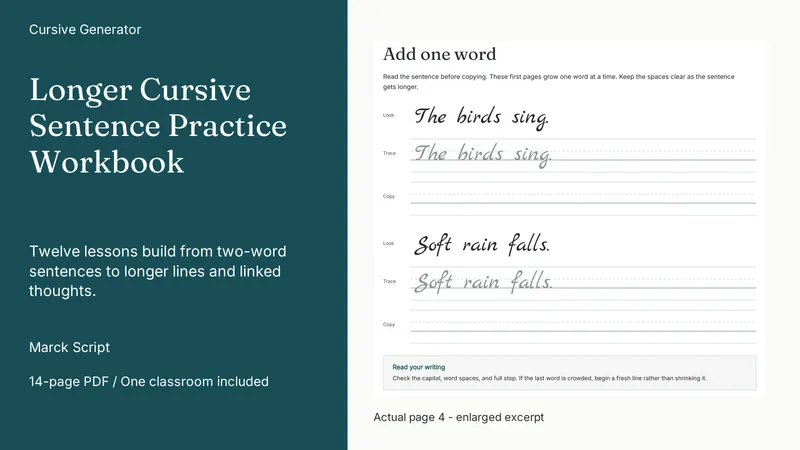 Longer Cursive Sentence Practice Workbook: actual page excerpt
