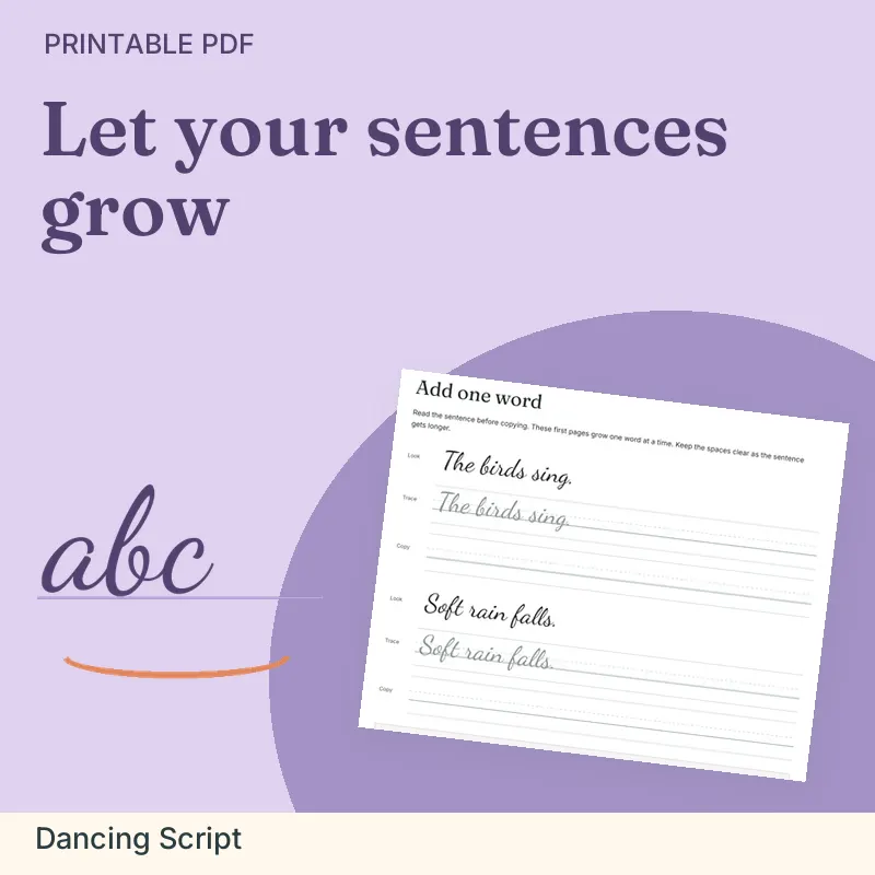 Longer Cursive Sentence Practice Workbook, Dancing Script: illustrated preview with actual page excerpt