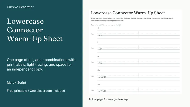 Lowercase Connector Warm-Up Sheet: actual page excerpt