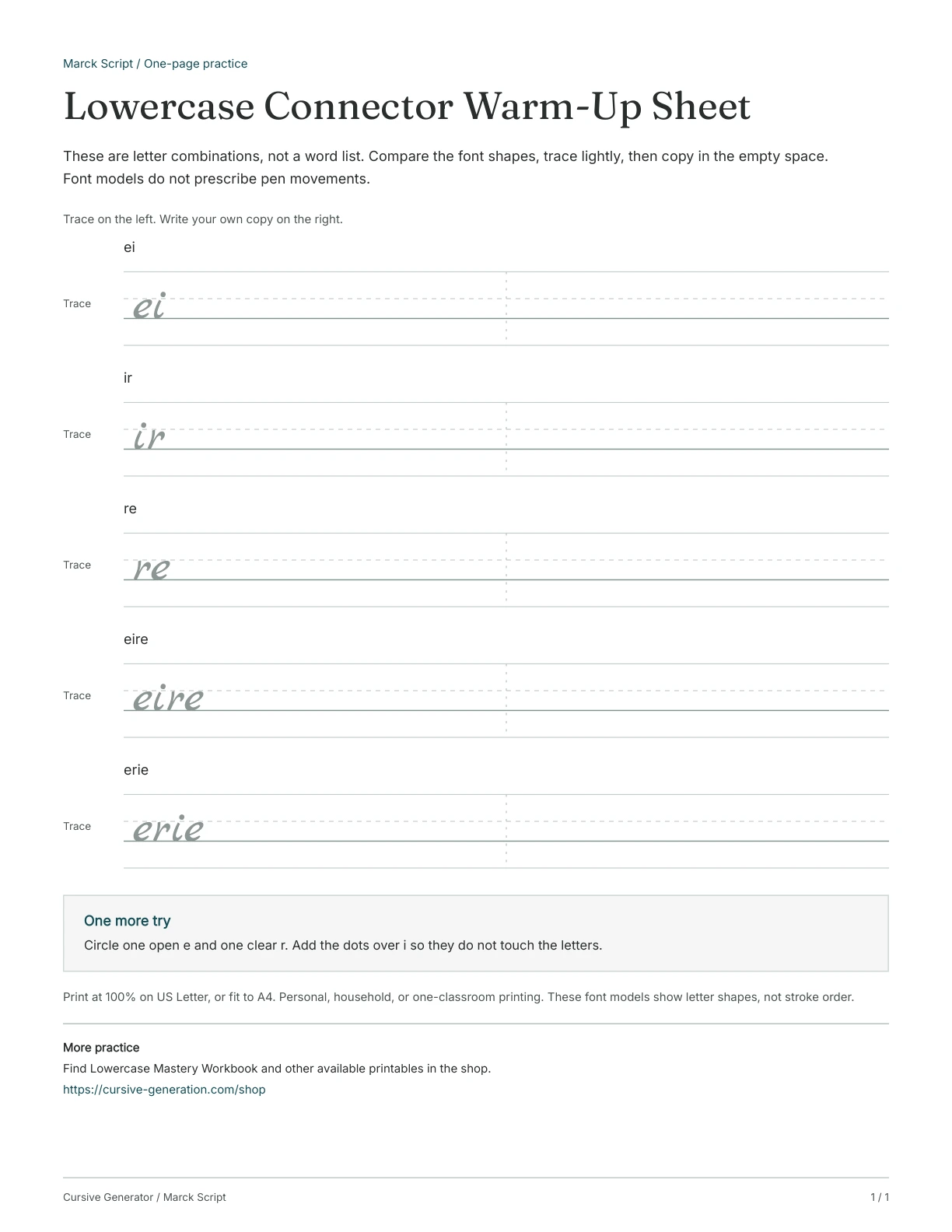 Page 1: Lowercase Connector Warm-Up Sheet