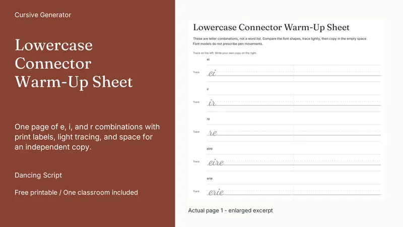 Lowercase Connector Warm-Up Sheet: actual page excerpt