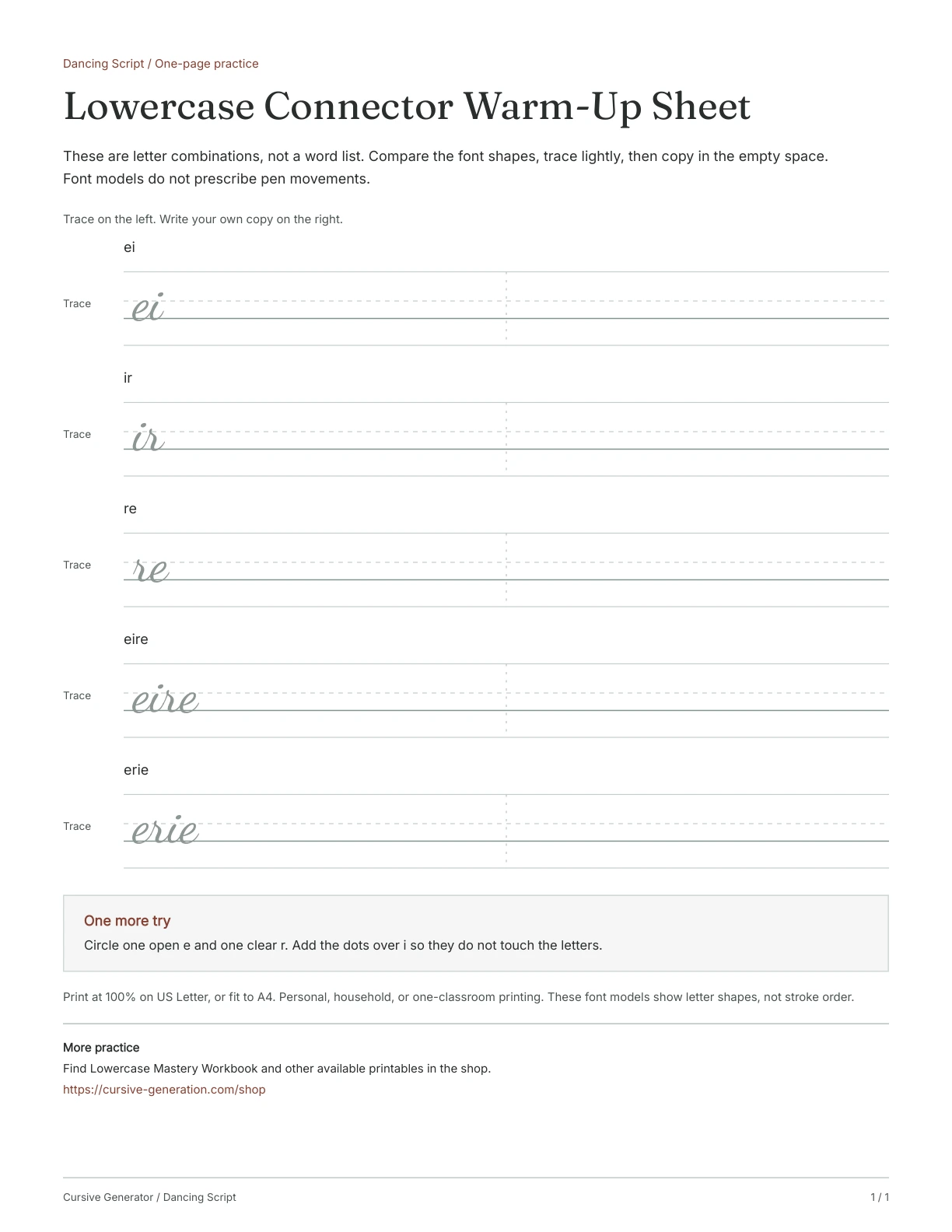 Page 1: Lowercase Connector Warm-Up Sheet