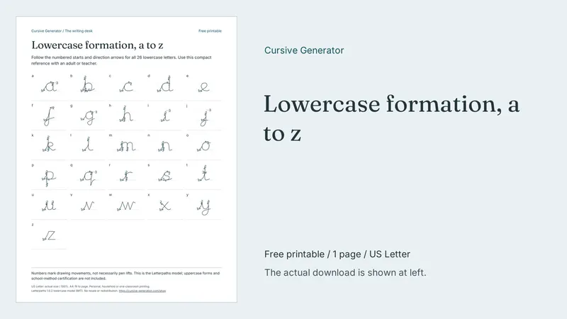 Lowercase formation, a to z - Free Printable: printable page preview