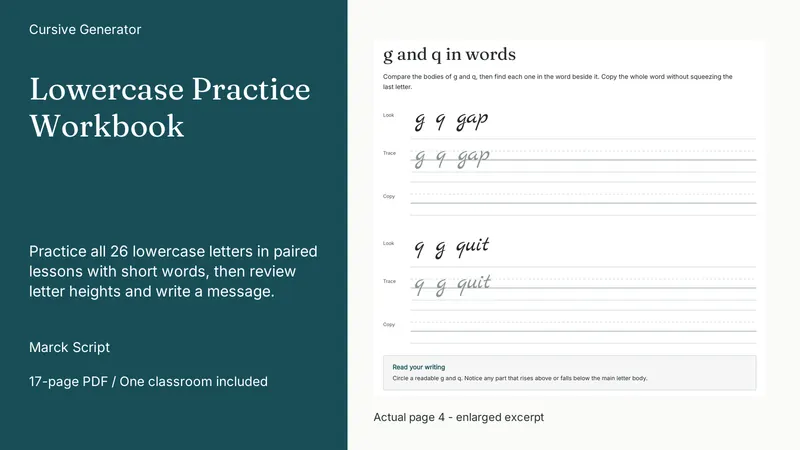 Lowercase Practice Workbook: actual page excerpt