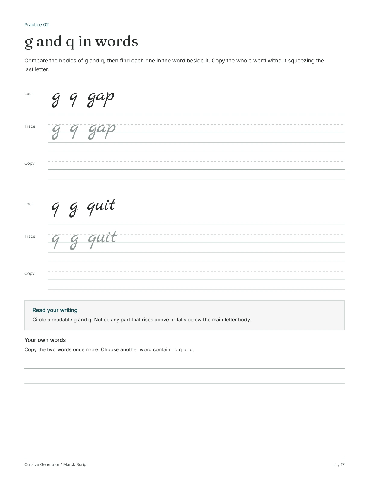 Page 4: g and q in words