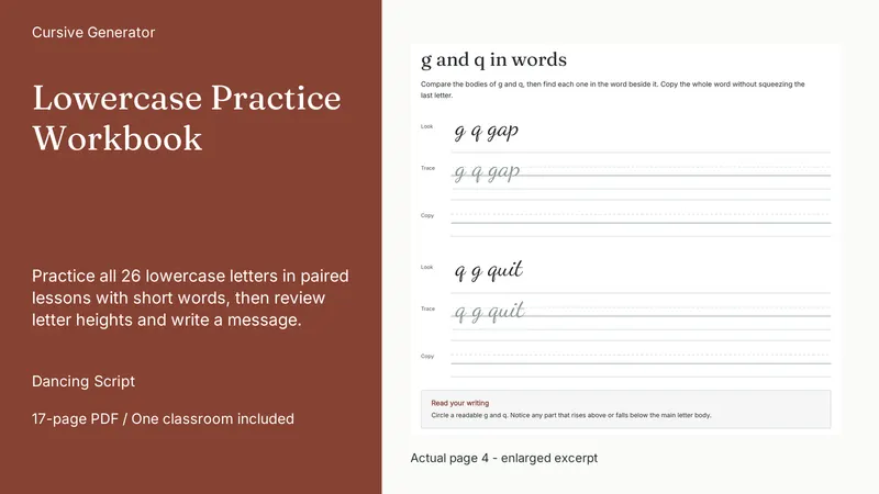 Lowercase Practice Workbook: actual page excerpt