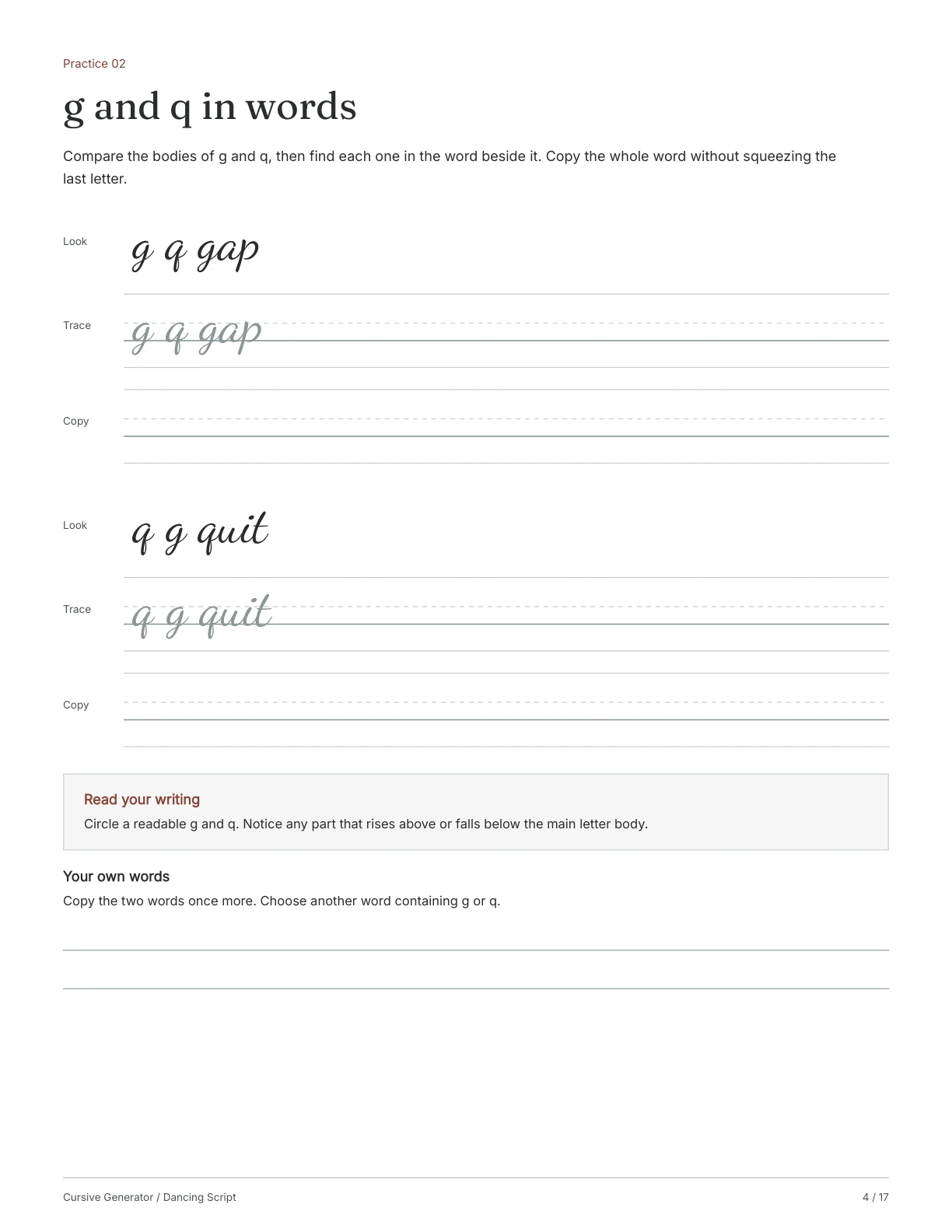 Page 4: g and q in words