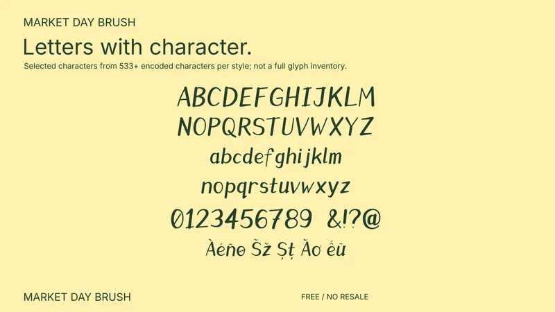 Market Day Brush: selected supported characters