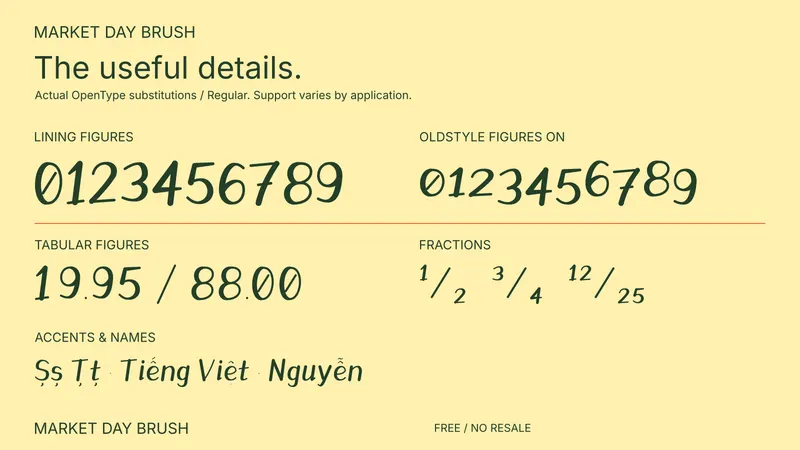 Market Day Brush: examples of included font features