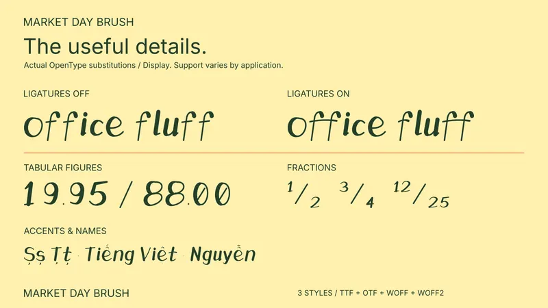 Market Day Brush OpenType feature comparison