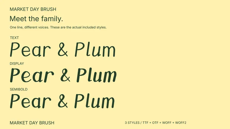 Market Day Brush style comparison: Text, Display, Semibold