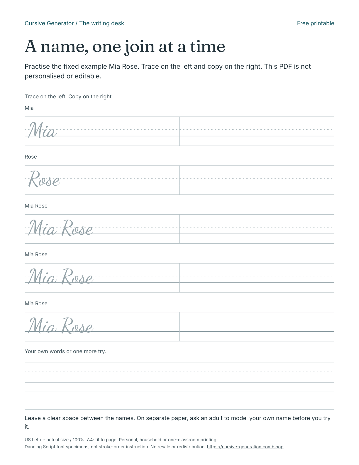 Printable page from A name, one join at a time - Free Printable