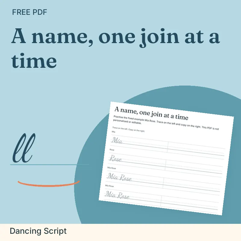 A name, one join at a time, Dancing Script: illustrated preview with actual page excerpt