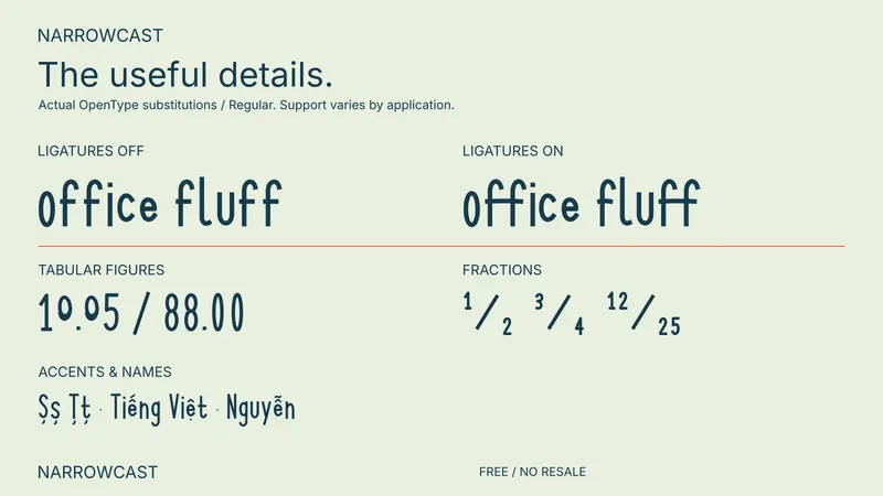 Narrowcast: examples of included font features