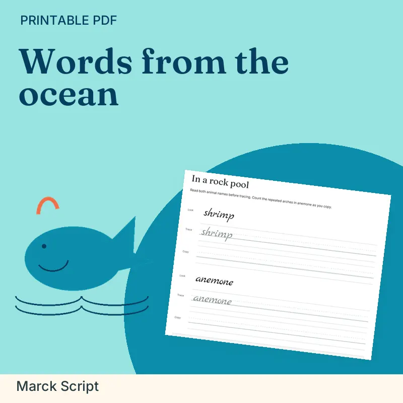 Ocean Animals Cursive Practice Pack, Marck Script: illustrated preview with actual page excerpt