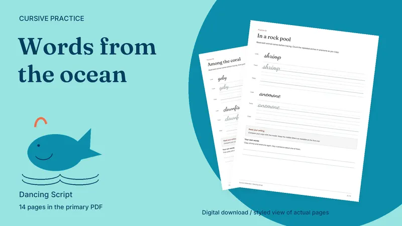 Ocean Animals Cursive Practice Pack: styled actual-page preview
