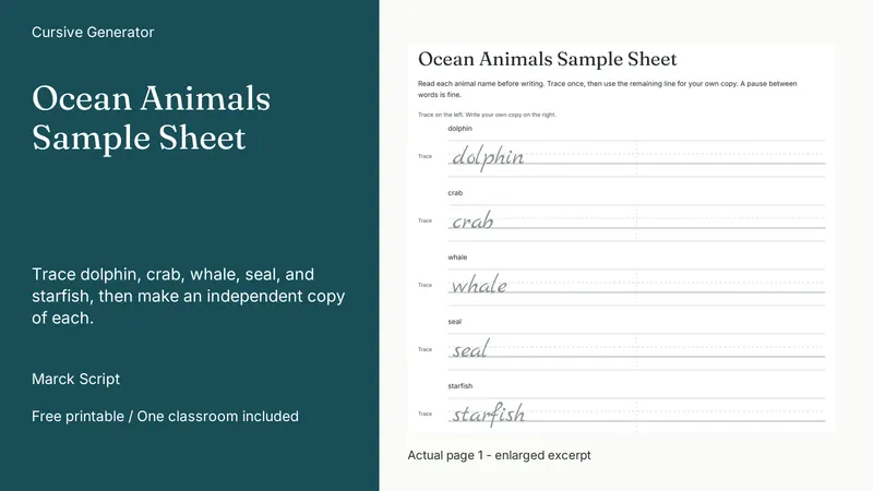 Ocean Animals Sample Sheet: actual page excerpt