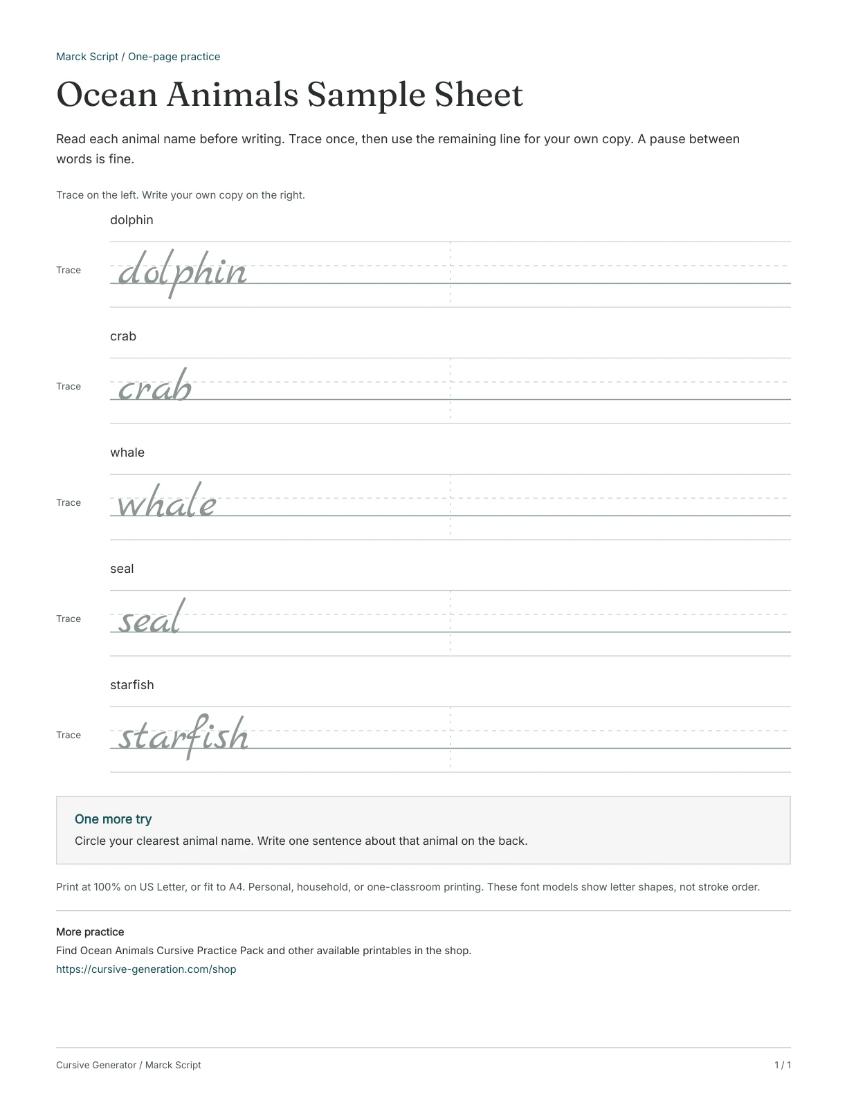 Page 1: Ocean Animals Sample Sheet
