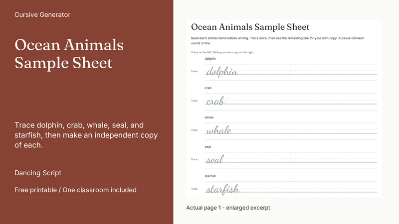 Ocean Animals Sample Sheet: actual page excerpt