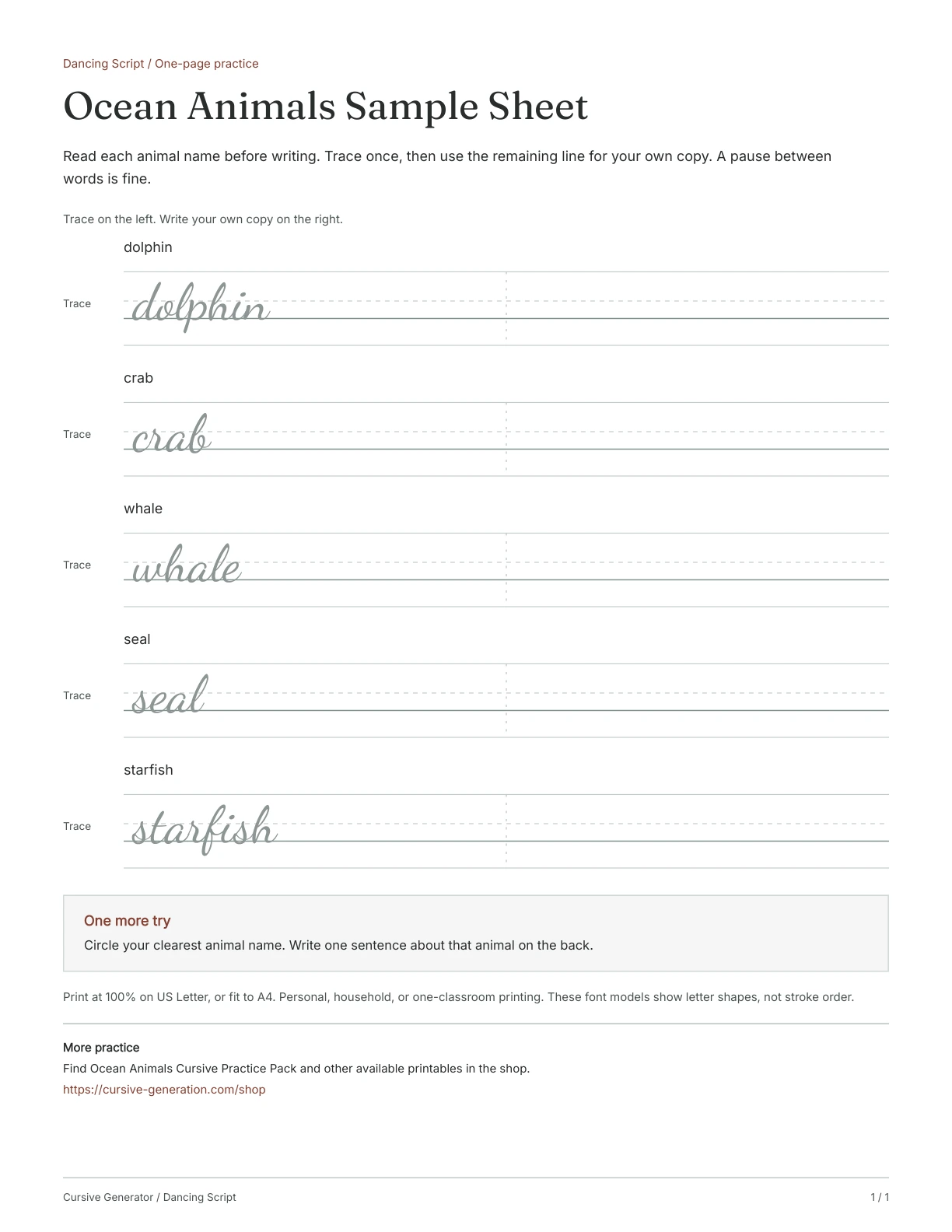 Page 1: Ocean Animals Sample Sheet