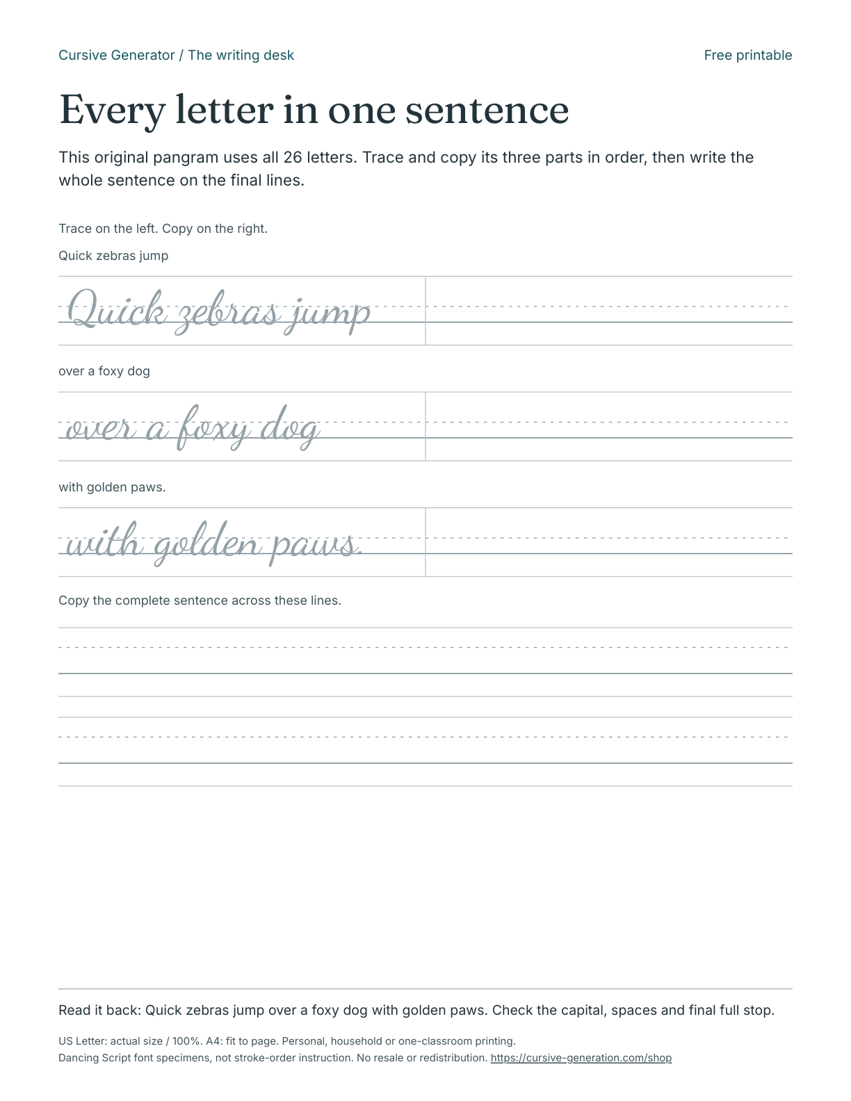 Printable page from Every letter in one sentence - Free Printable